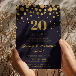 Navy Blue & Gold Confetti 20th wedding anniversary Invitation