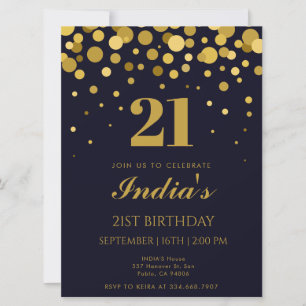 Navy Blue & Gold Confetti 21st Birthday Party Invitation
