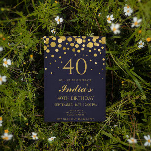 Navy Blue & Gold Confetti 40th Birthday Party Invitation