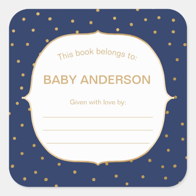 Navy Blue + gold confetti baby shower bookplate Square Sticker (Front)