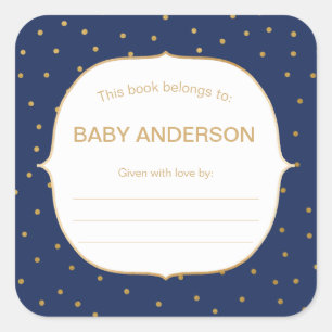 Navy Blue + gold confetti baby shower bookplate Square Sticker