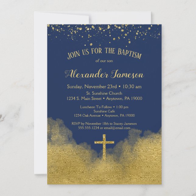Navy Blue Gold Confetti Baptism Invitation Boy (Front)