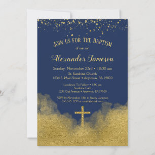Navy Blue Gold Confetti Baptism Invitation Boy