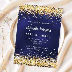 Navy blue gold confetti birthday invitation