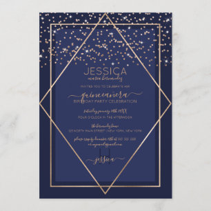 Navy Blue Gold Confetti Border Quinceañera Invitation