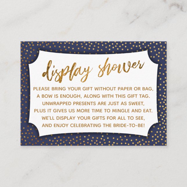 Navy Blue & Gold Confetti Display Shower Gift Card (Front)