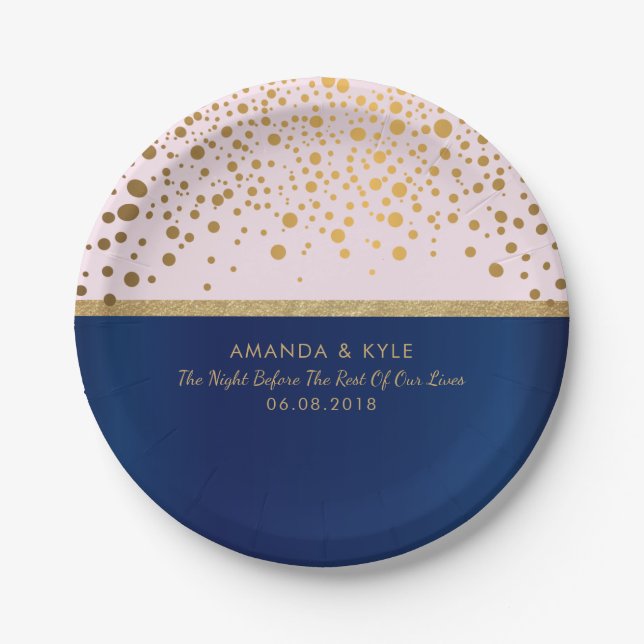 Navy Blue & Gold Confetti Dots & Pale Pink Design Paper Plate (Front)