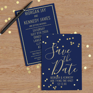 Navy Blue Gold Confetti Flat Save The Date Card