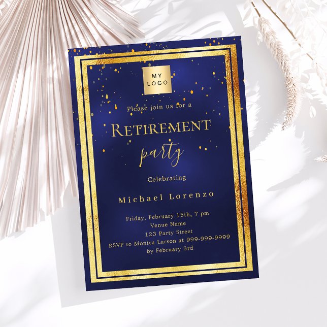 Navy blue gold confetti retirement business logo invitation (Creator Uploaded)