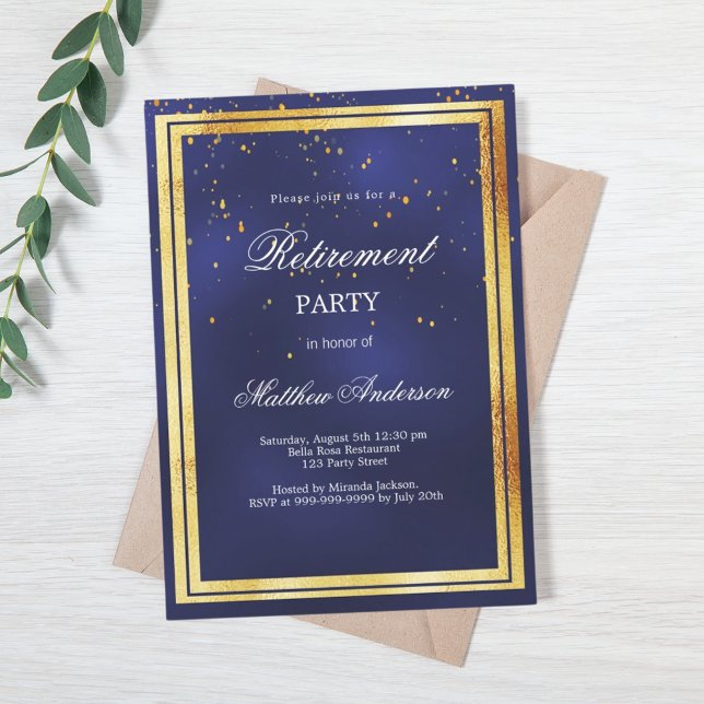 Navy blue gold confetti retirement party invitation (Creator Uploaded)
