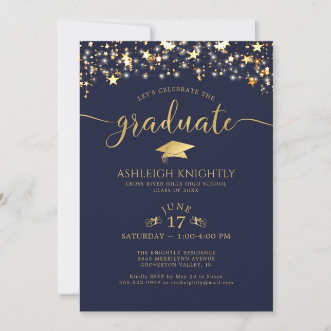 Navy Blue Gold Confetti Stars Graduation Party Invitation (Front)