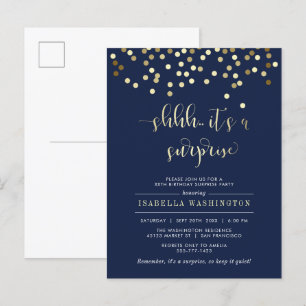 Navy Blue & Gold Confetti Surprise Birthday Party Invitation Postcard