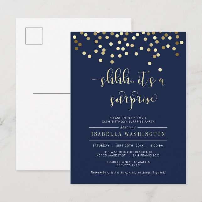Navy Blue & Gold Confetti Surprise Birthday Party Invitation Postcard (Front/Back)