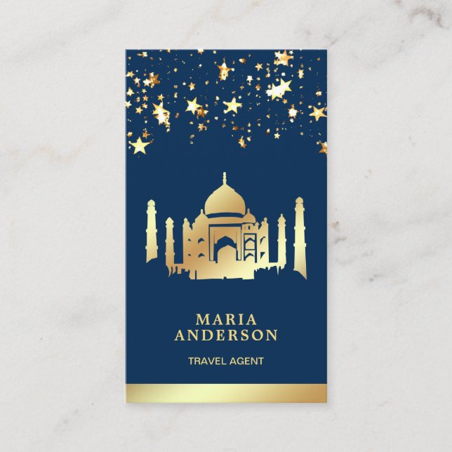 Navy Blue Gold Confetti Taj Mahal Travel Agent Business Card (Front)
