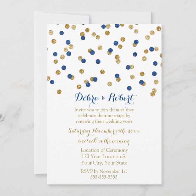 Navy Blue Gold Confetti Vow Renewal Invitation (Back)