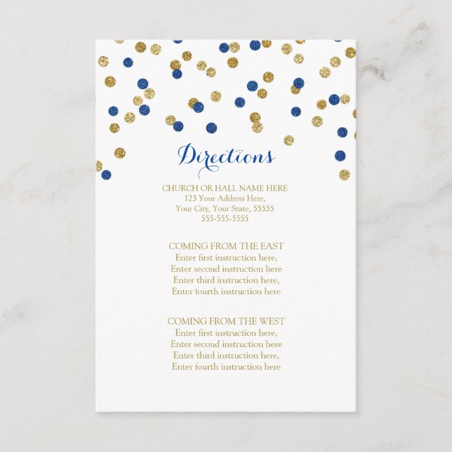 Navy Blue Gold Confetti Wedding Direction Insert (Front)