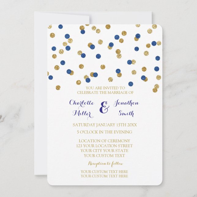Navy Blue Gold Confetti Wedding Invitations (Back)