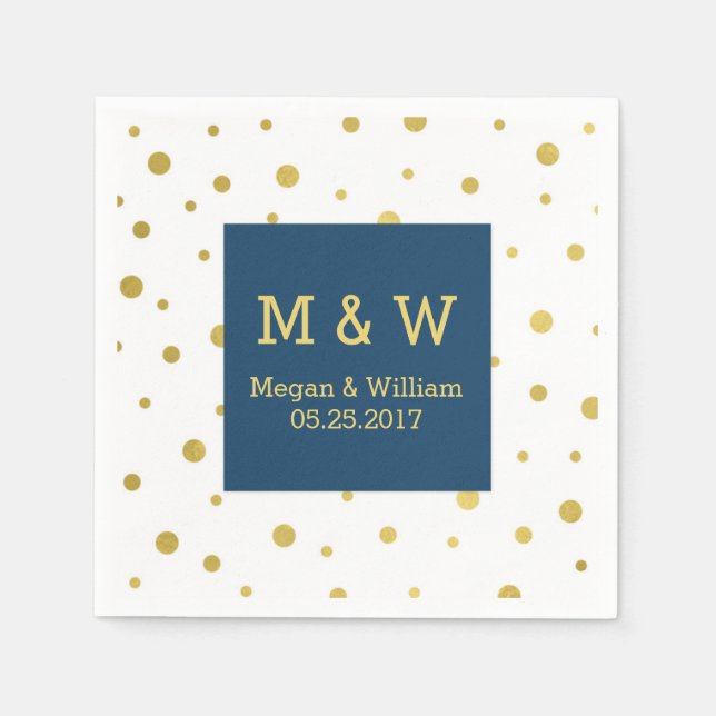 Navy Blue Gold Confetti Wedding Monogram Napkin (Front)