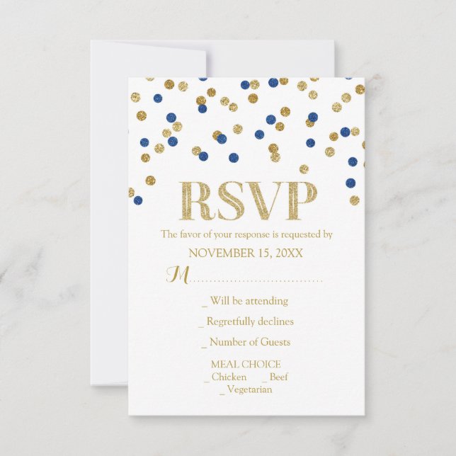 Navy Blue Gold Confetti Wedding RSVP Cards (Front)