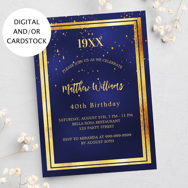Navy blue gold confetti year birth birthday invitation (Creator Uploaded)