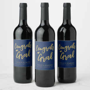 Navy Blue Gold Congrats Grad Brush Script Wine Label