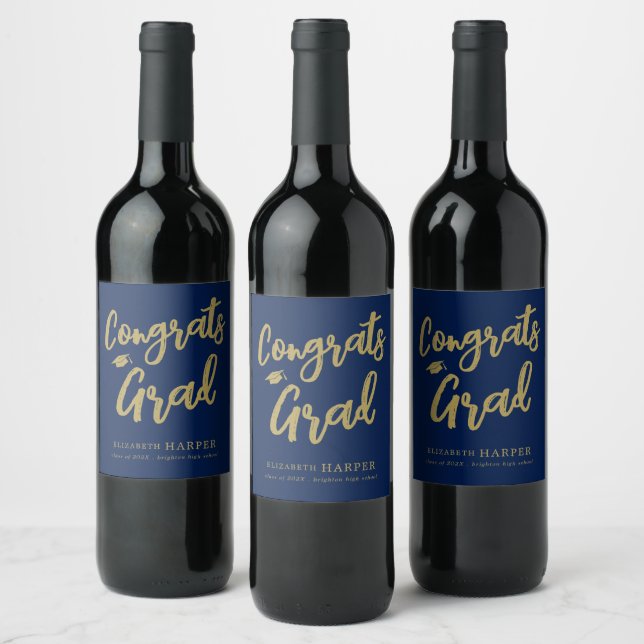 Navy Blue Gold Congrats Grad Brush Script  Wine Label (Bottles)