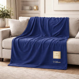 Navy blue gold corporate logo company name luxury fleece blanket