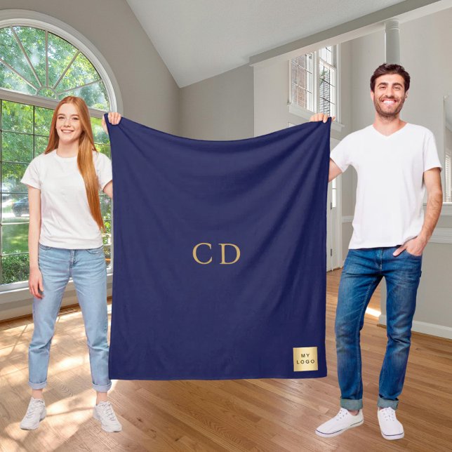 Navy blue gold corporate logo monogram luxury fleece blanket (Creator Uploaded)
