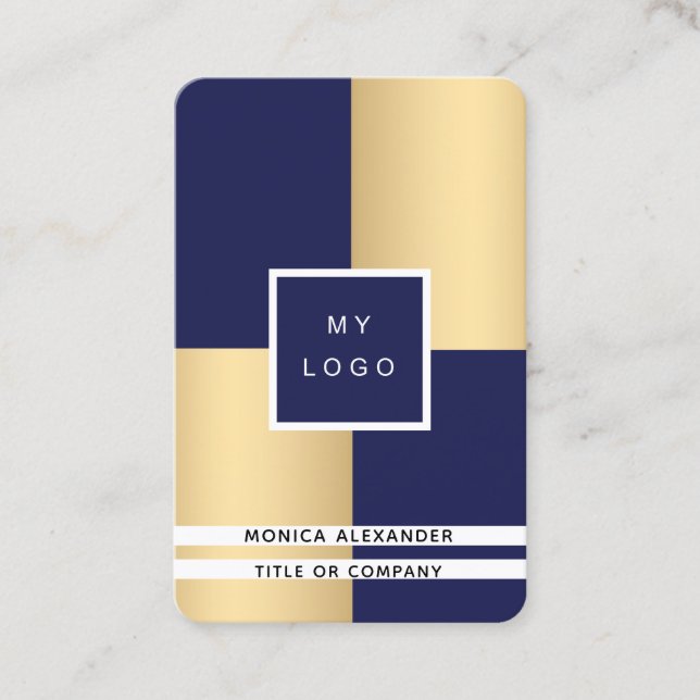 Navy blue gold corporate logo QR code Business Card (Front)