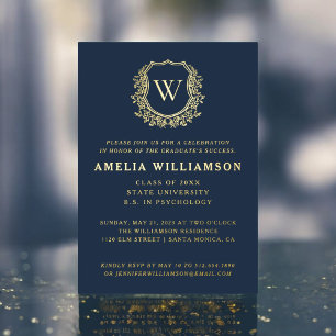 Navy Blue Gold Crest Monogram Graduation Party