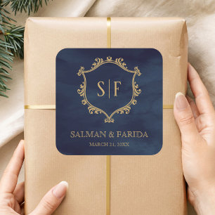 Navy Blue Gold Crest Monogram Wedding Favour Square Sticker