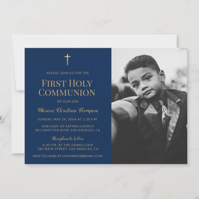 Navy Blue Gold Cross Boy First holy communion   Invitation (Front)