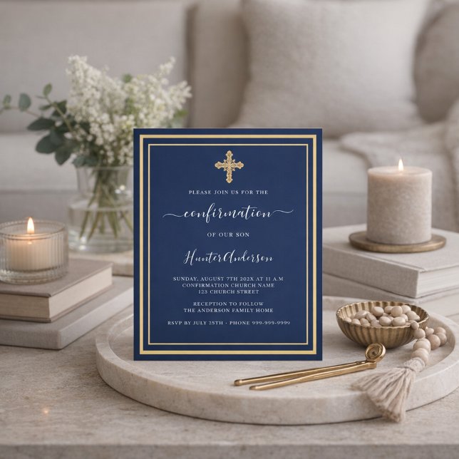 Navy blue gold cross boy invitation (Creator Uploaded)