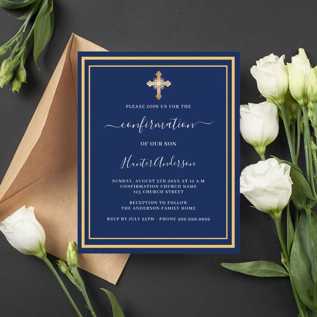 Navy blue gold cross boy invitation (Creator Uploaded)