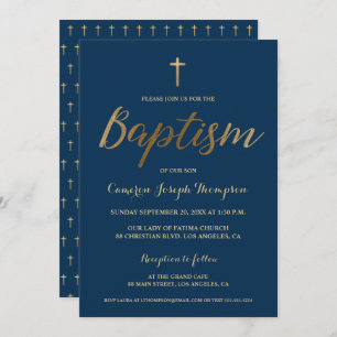 Navy Blue Gold Cross Custom Baby boy Baptism Invitation
