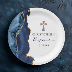 Navy Blue Gold Cross Custom Confirmation Party Paper Plate