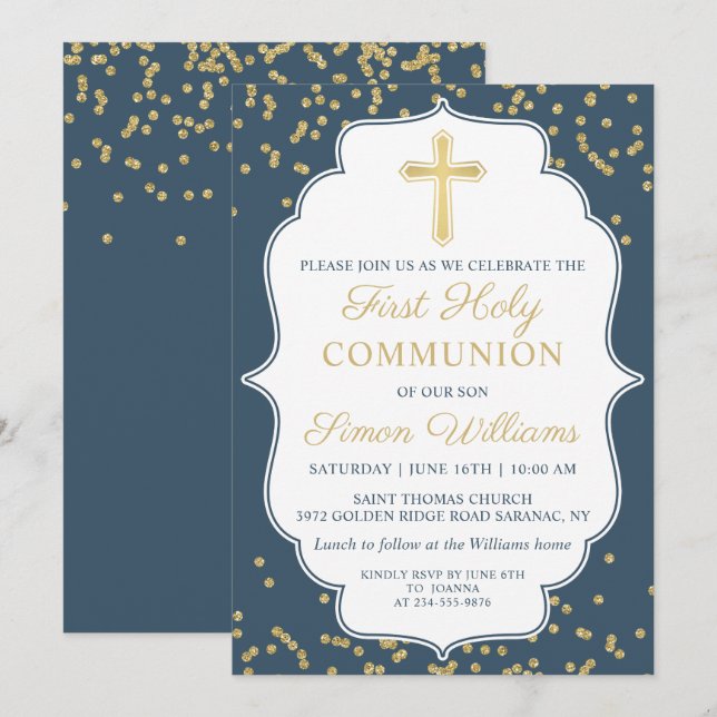 Navy Blue Gold Cross Glitter First Holy Communion Invitation (Front/Back)