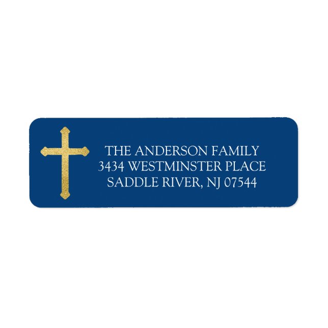 Navy Blue Gold Cross Holy Communion Return Address (Front)