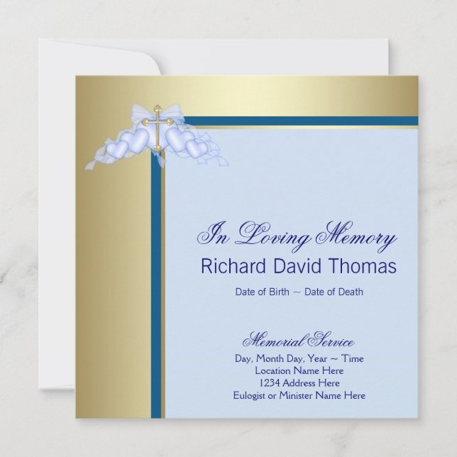 Navy Blue Gold Cross In Loving Memory Memorial Invitation (Front)