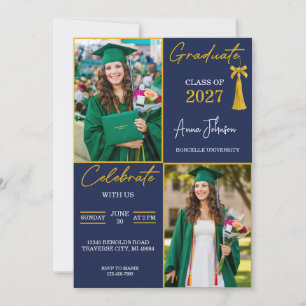 Navy Blue & Gold Custom 2 Photo Graduation Party Invitation