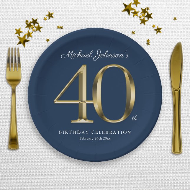 Navy Blue Gold Custom 40th Birthday Party Paper Plate (Navy Blue Gold Custom 40th Birthday Party Paper Plates)