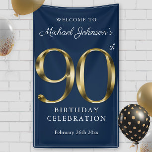 Navy Blue Gold Custom 90th Birthday Party Welcome Banner