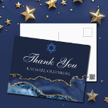 Navy Blue Gold Custom Bat Mitzvah Thank You Postcard<br><div class="desc">Elegant navy blue and gold agate decorates the side of this modern Bat Mitzvah thank you postcard. Mazel Tov! Customise with your name under the Star of David. Perfect postcard for a chic,  stylish Jewish family celebrating a girl being called to the Torah.</div>