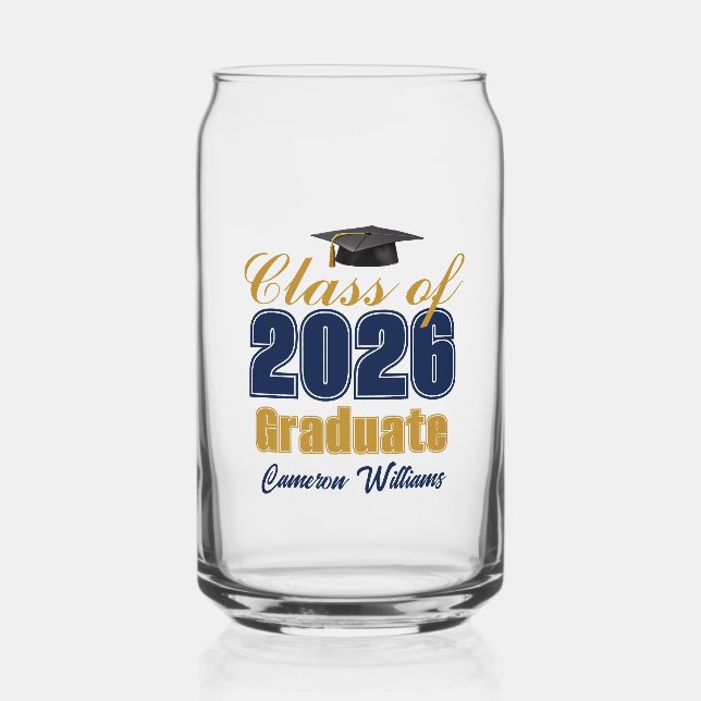 Navy Blue Gold Custom Class of 2026 Graduation Can Glass (Front)