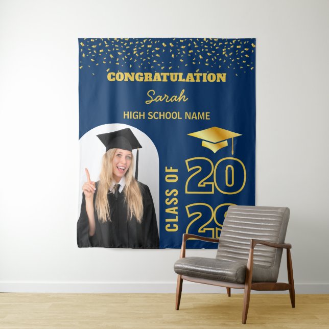 Navy Blue Gold Custom Graduation Backdrop & Photo Tapestry (In Situ)