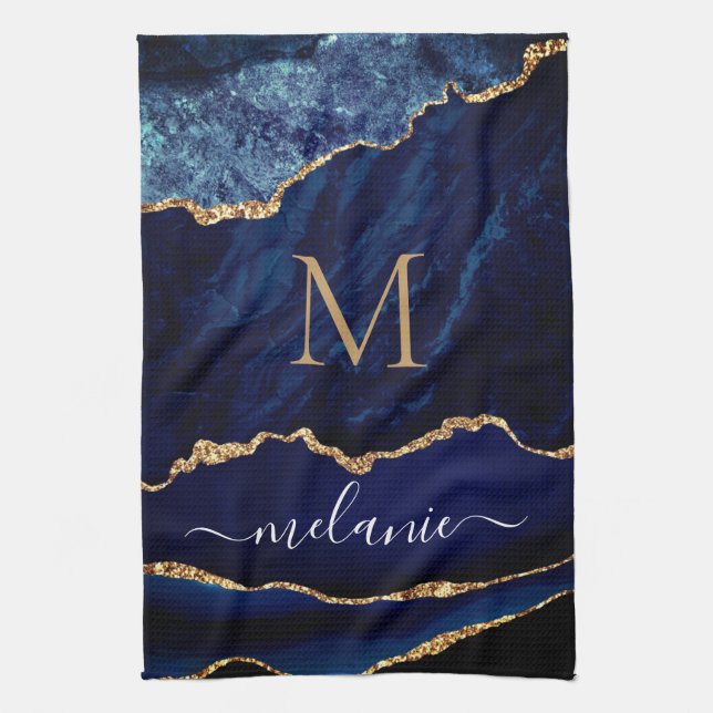 Navy Blue Gold Custom Letter Name Kitchen Towel (Vertical)