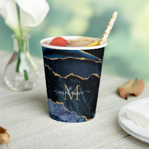 Navy Blue Gold Custom Letter Name Paper Cup