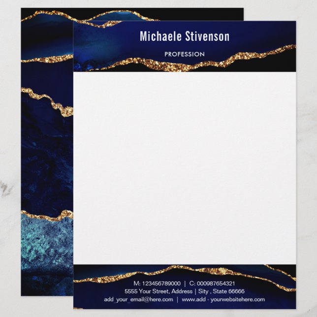 Navy Blue Gold Custom Letterhead Personalised (Front/Back)
