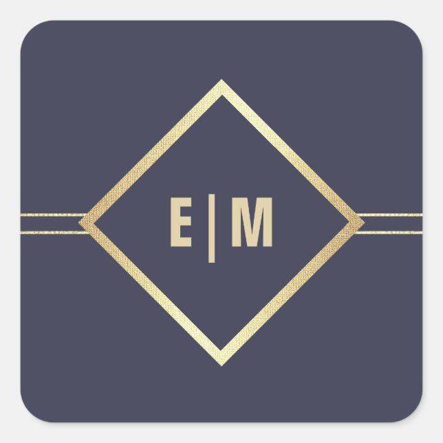 Navy Blue | Gold Custom Monogram Wedding  Square Sticker (Front)