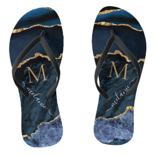 Navy Blue Gold Custom Name Letter Flip Flops